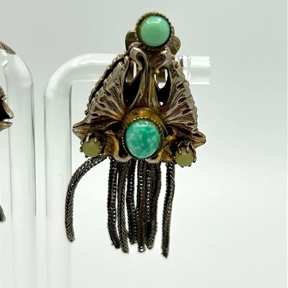 Vintage Art Deco Green and Silver Clip-on Earrings